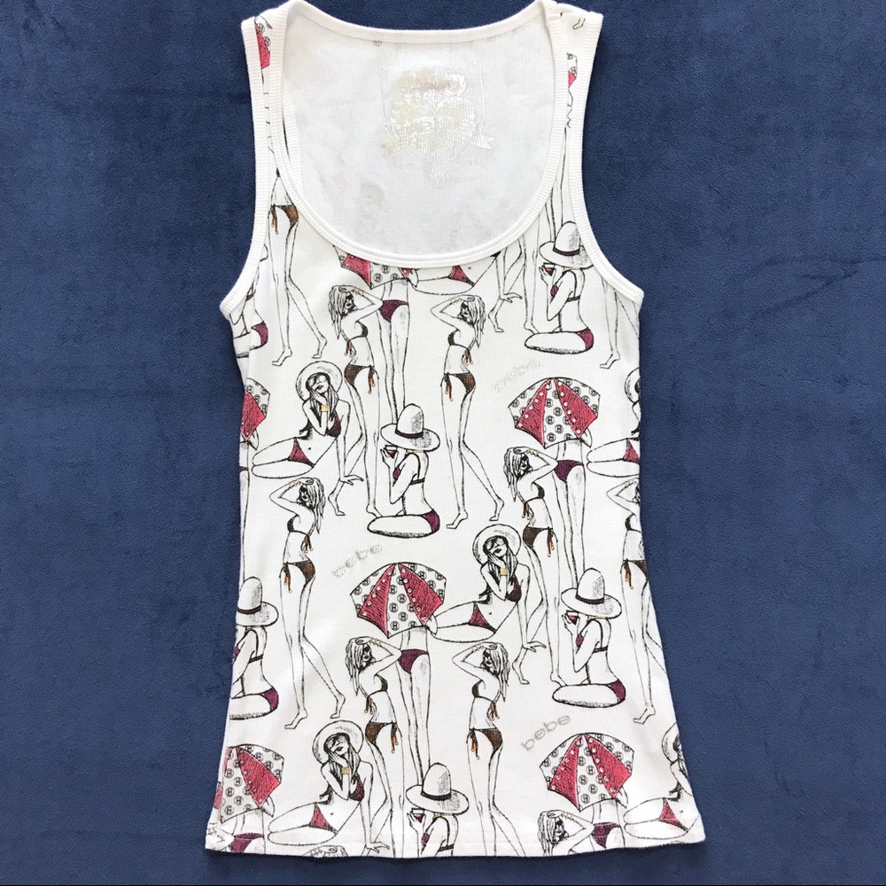 bebe White and Pink Graphic Tank Top